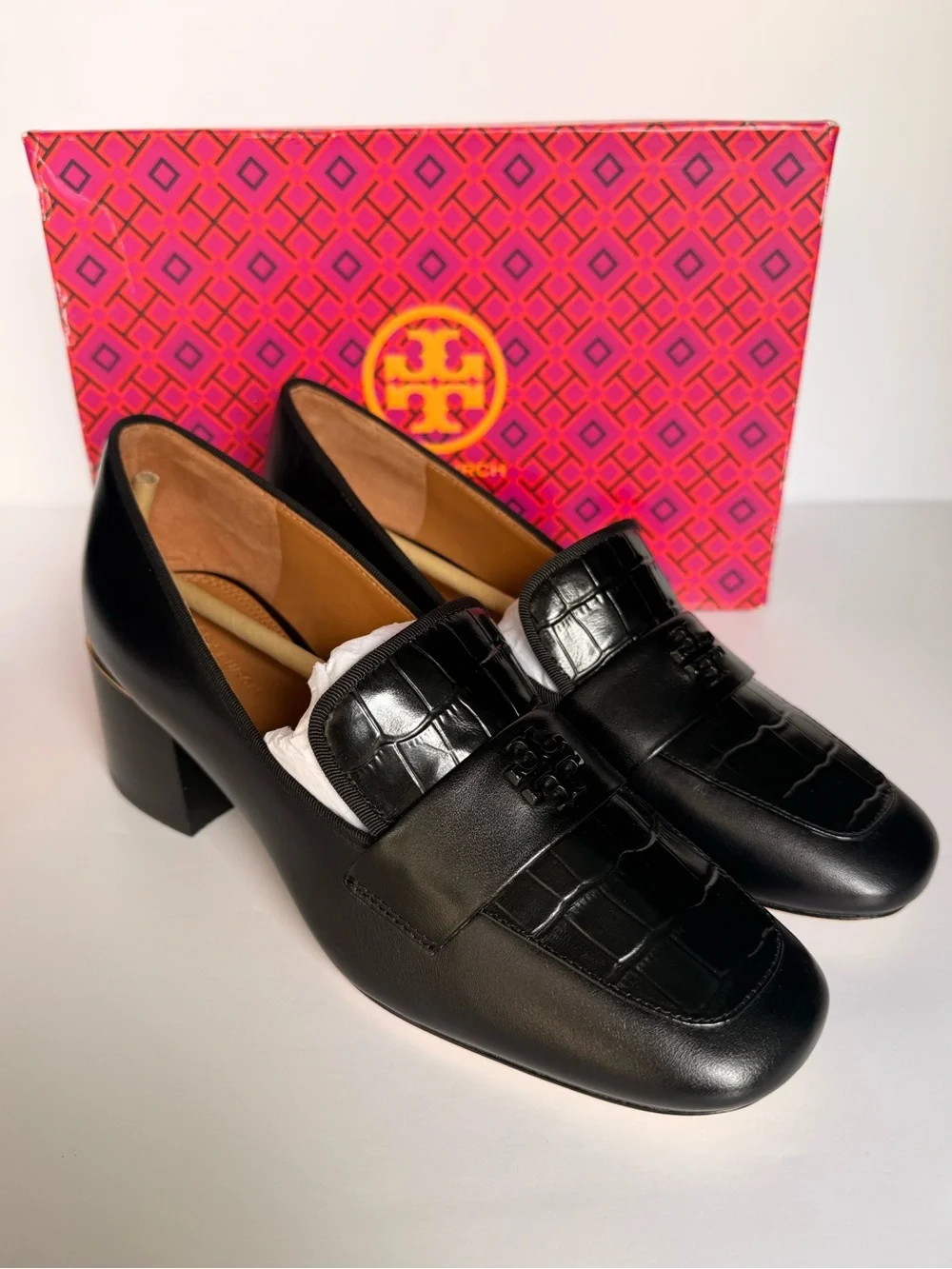 Tory Burch Everly 55mm Loafers Black Leather Croc Embossed Block Heel Pumps